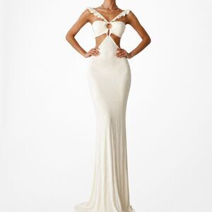 Vintage Y2K 90s Off White Cream Cutout Ruffle Knit Maxi Bodycon Dress Size M